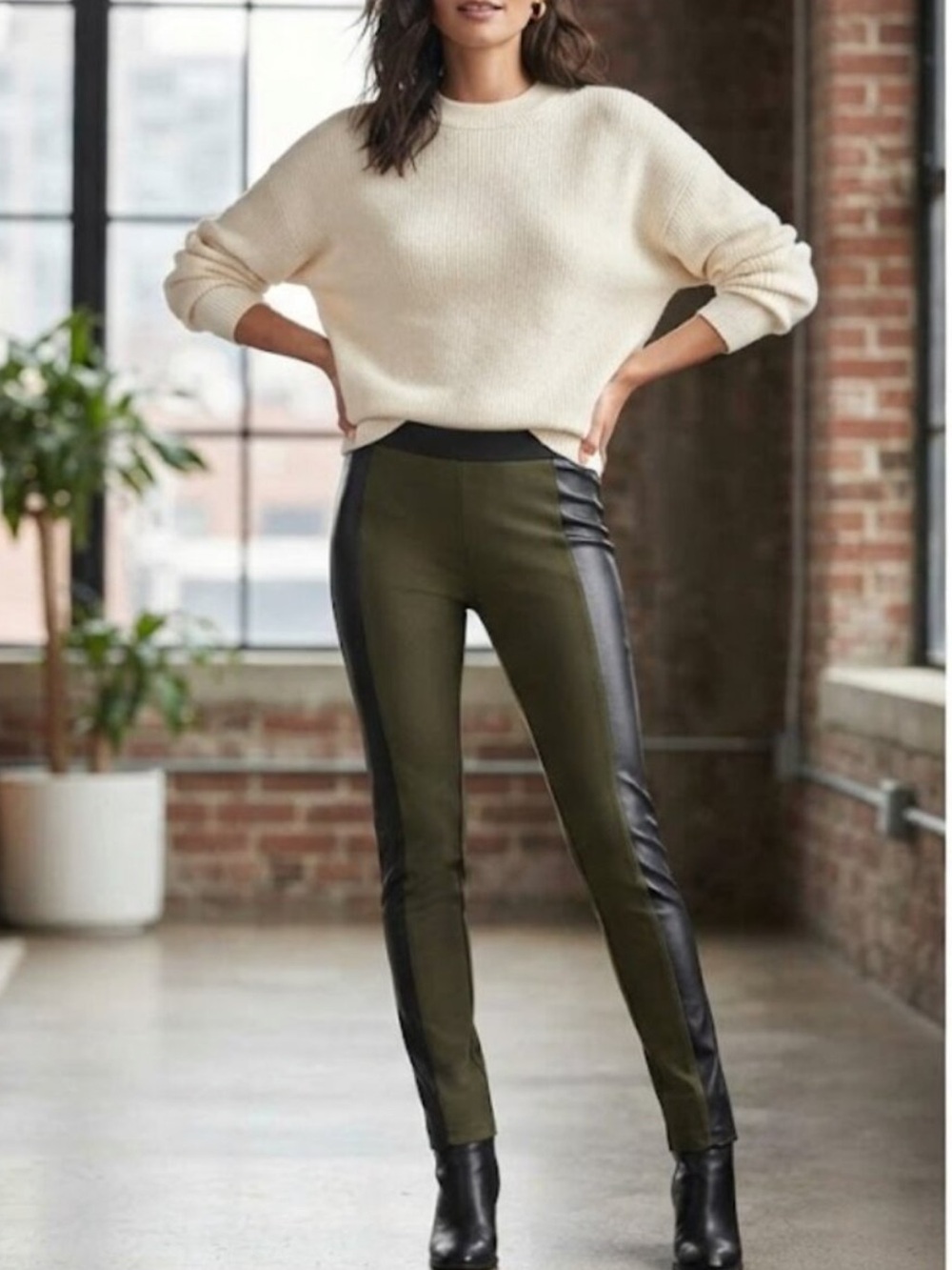BCBGMaxAzria Olive Green Leggings with Black Faux Leather Side Panels